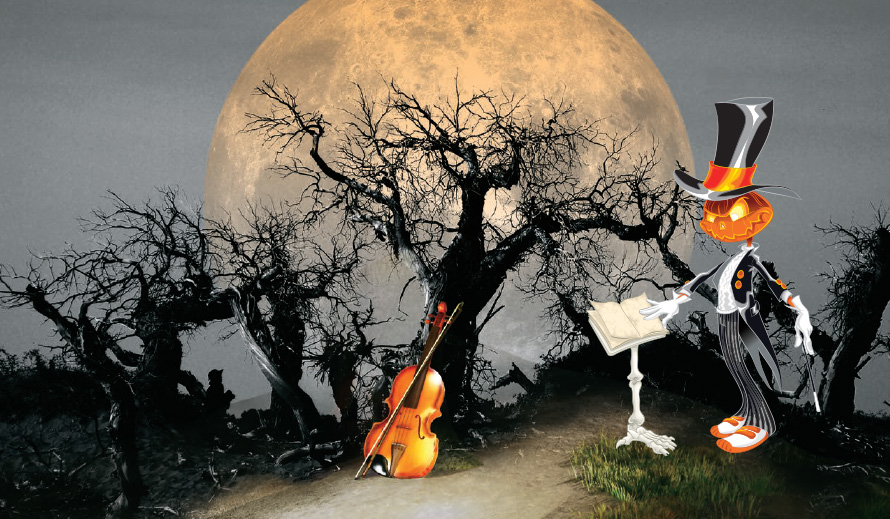 Imagen de un conductor calabaza en un bosque tenebroso de noche con la luna llena saliendo en el fondo