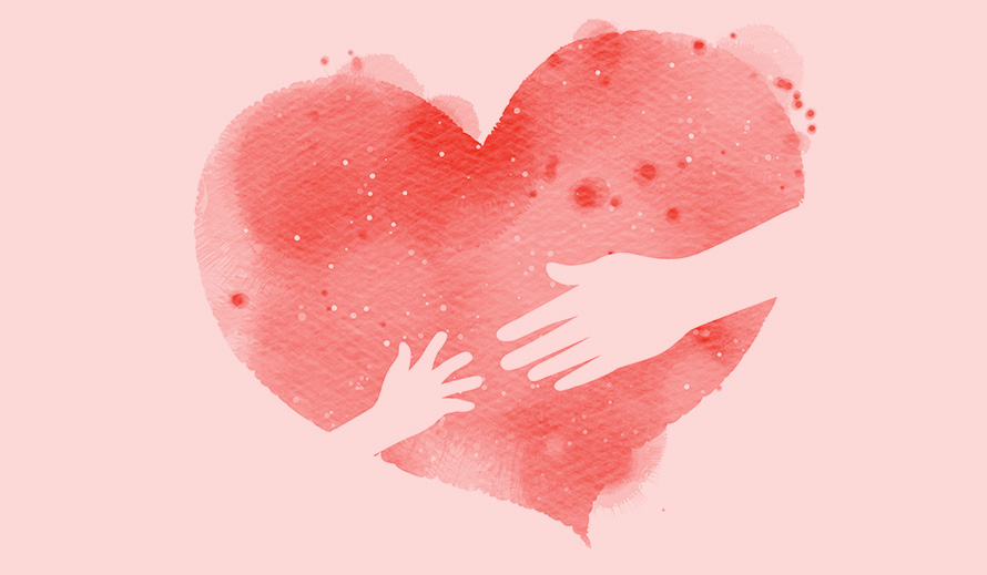 Dibujo de la mano de un niño que busca la mano de un adulto a través de un corazón color rosa en acuarela.