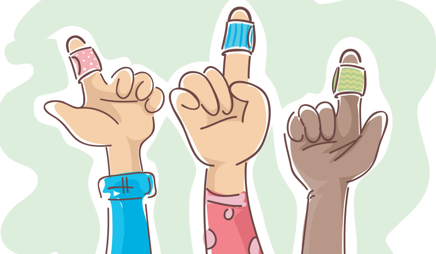 Ilustración de los dedos vendados de tres niños.